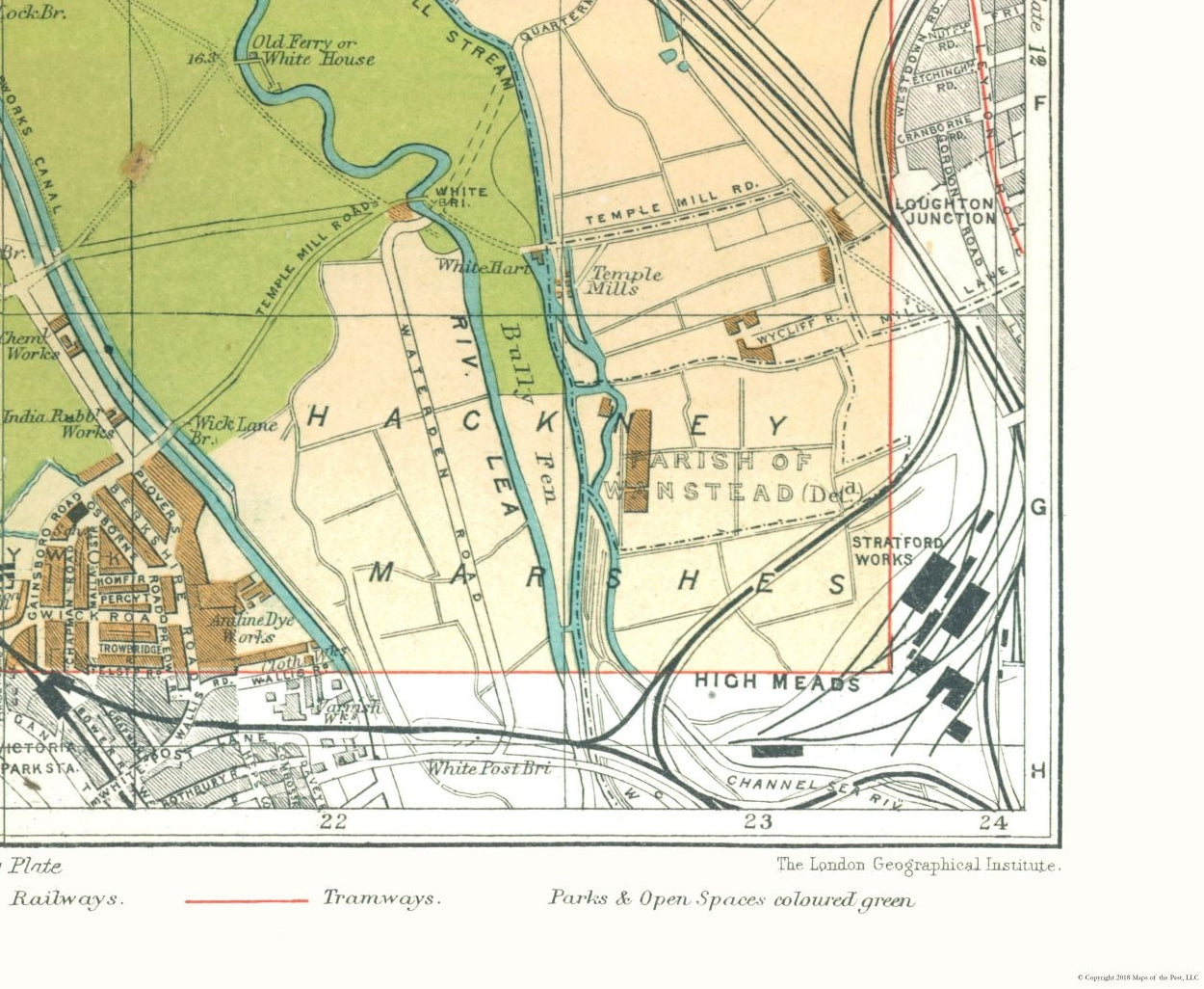 Historic Map - Hackney Marshes London England - Philip 1904 - 28.01 x 23 - Vintage Wall Art