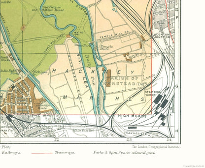 Historic Map - Hackney Marshes London England - Philip 1904 - 28.01 x 23 - Vintage Wall Art