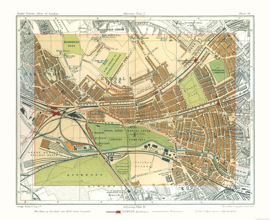 Historic Map - Kensal Green London England - Philip 1904 - 28.28 x 23 - Vintage Wall Art