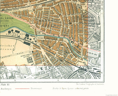 Historic Map - Kensal Green London England - Philip 1904 - 28.28 x 23 - Vintage Wall Art