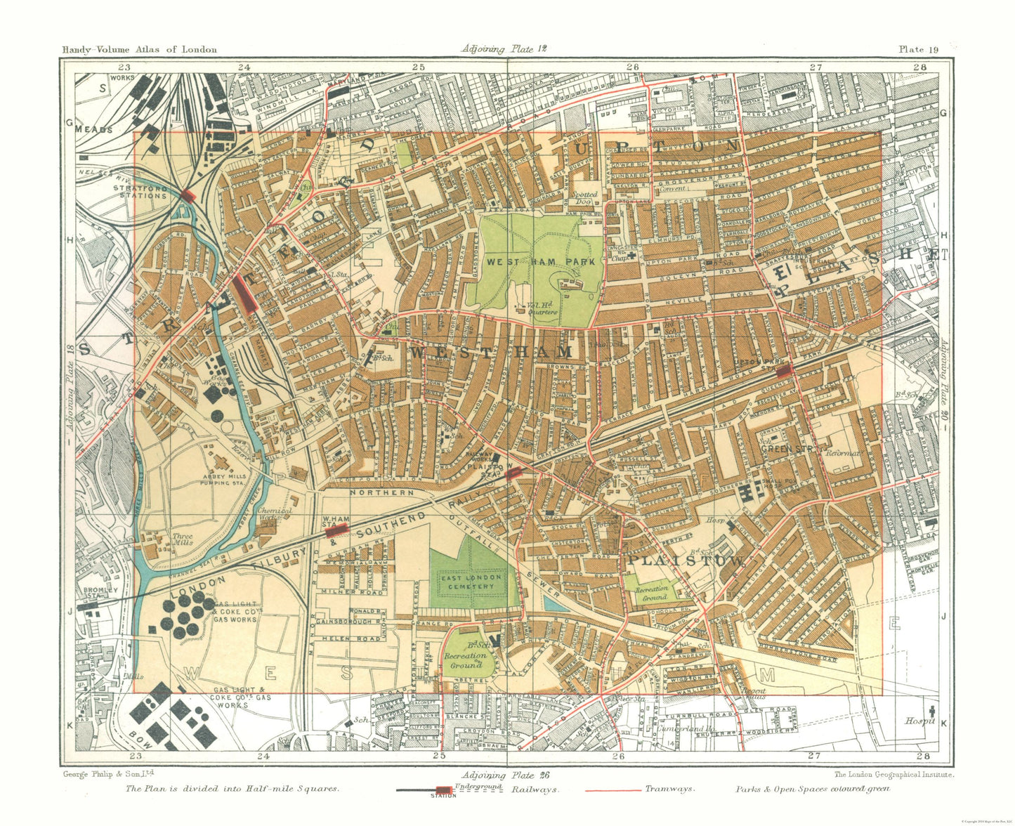 Historic Map - West Ham London England - Philip 1904 - 28.28 x 23 - Vintage Wall Art