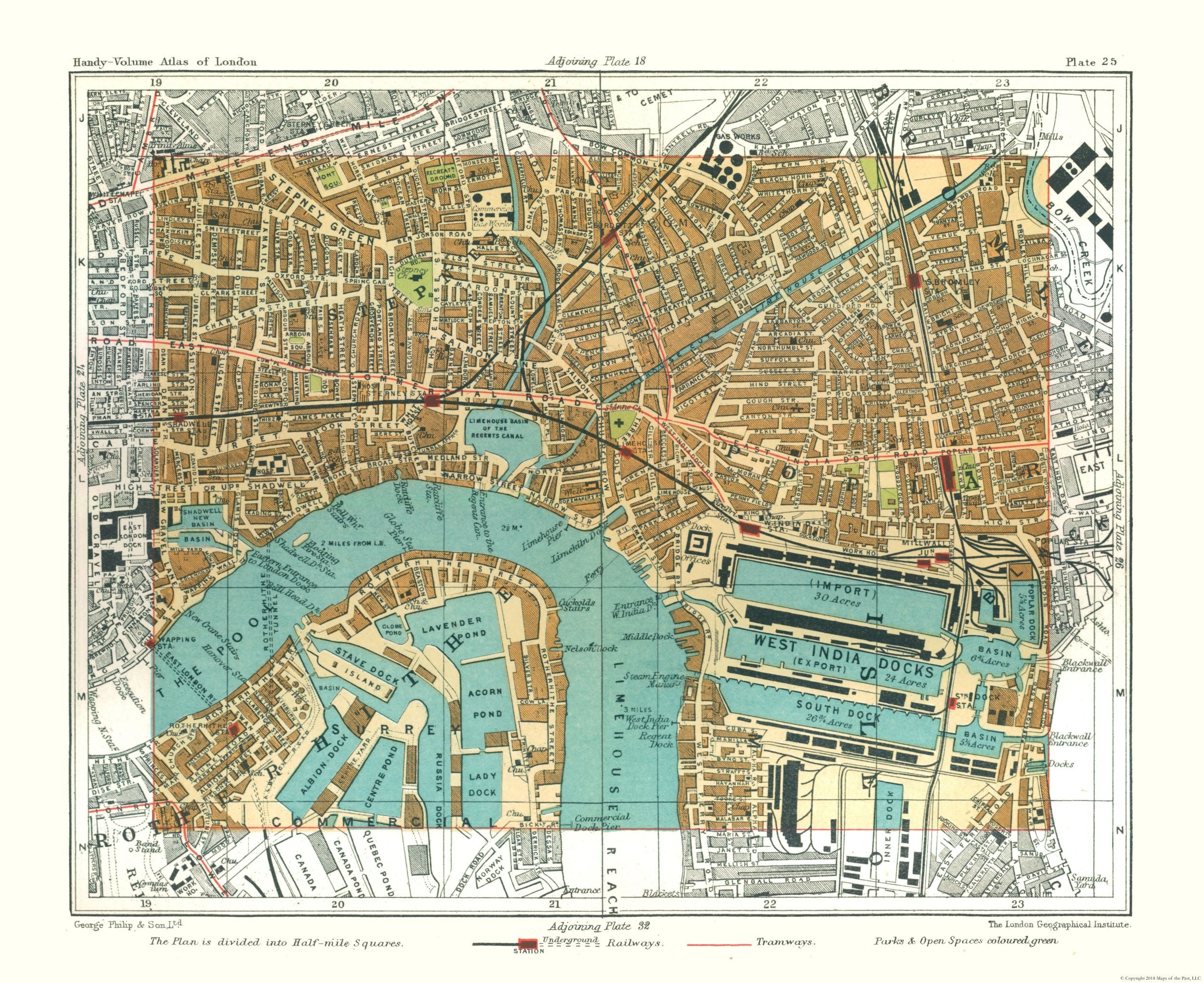 Historic Map - Poplar London England - Philip 1904 - 28.16 x 23 - Vint ...