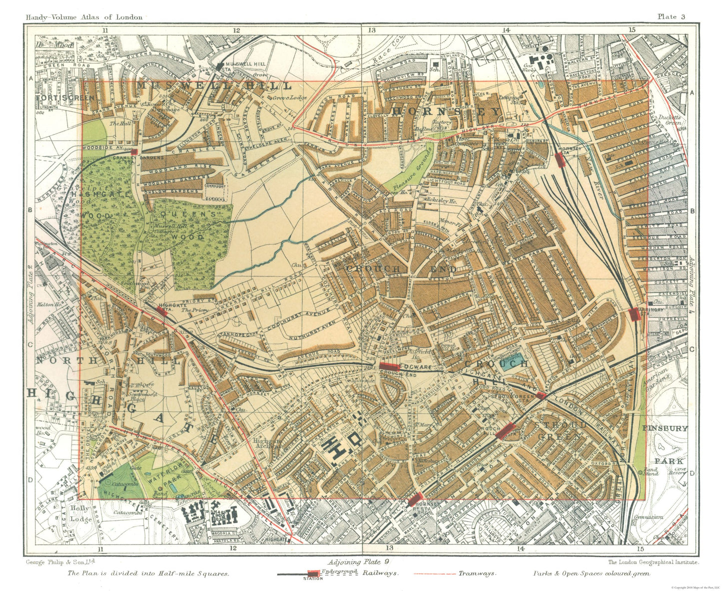 Historic Map - Highgate London England - Philip 1904 - 28.07 x 23 - Vintage Wall Art