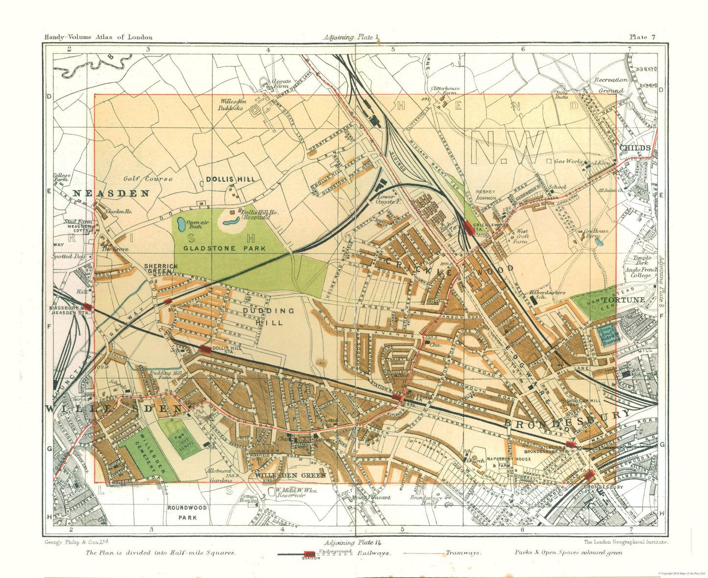 Historic Map - Cricklewood London England - Philip 1904 - 28.17 x 23 - Vintage Wall Art