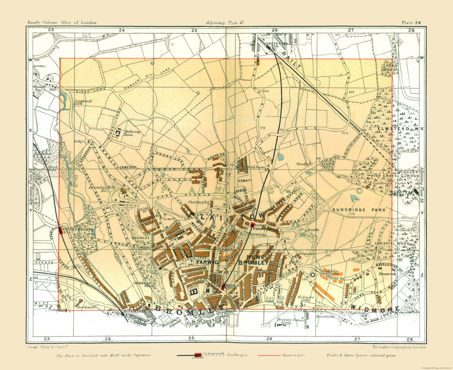 Historic Map - Bromley London England - Philip 1904 - 28.13 x 23 - Vintage Wall Art