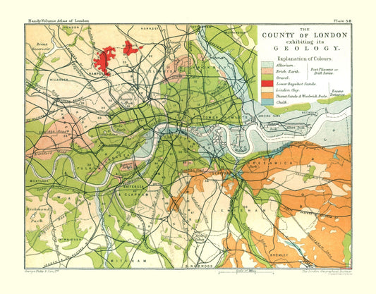 Historic Map - London England Geology - Philip 1904 - 28.37 x 23 - Vintage Wall Art