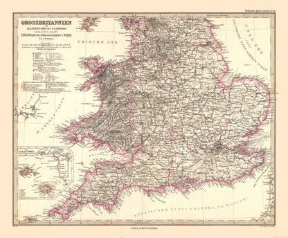 Historic Map - England Wales - Stieler 1885 - 27.79 x 23 - Vintage Wall Art