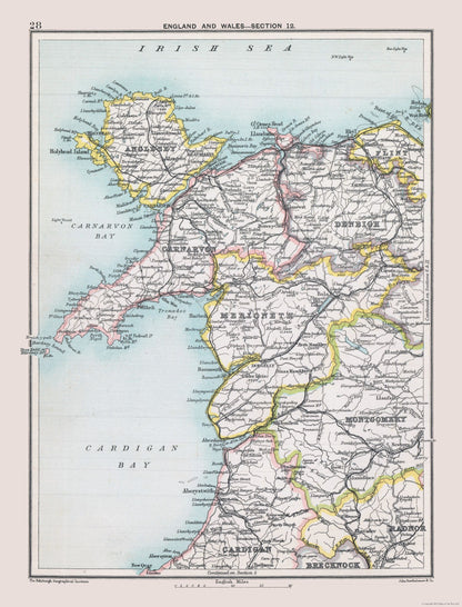 Historic Map - Wales England - Bartholomew 1892 - 23 x 30.21 - Vintage Wall Art