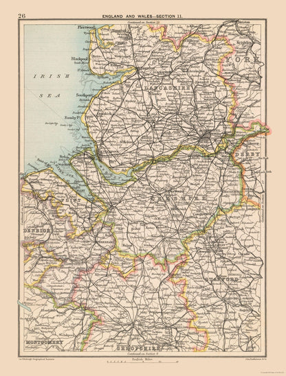 Historic Map - Wales England - Bartholomew 1892 - 23 x 30.30 - Vintage Wall Art