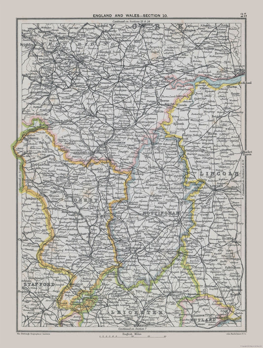 Historic Map - East Midlands England - Bartholomew 1892 - 23 x 30.40 - Vintage Wall Art