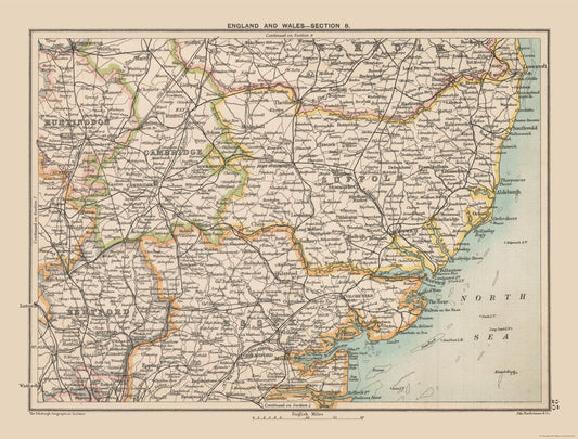 Historic Map - East England - Bartholomew 1892 - 30.28 x 23 - Vintage Wall Art