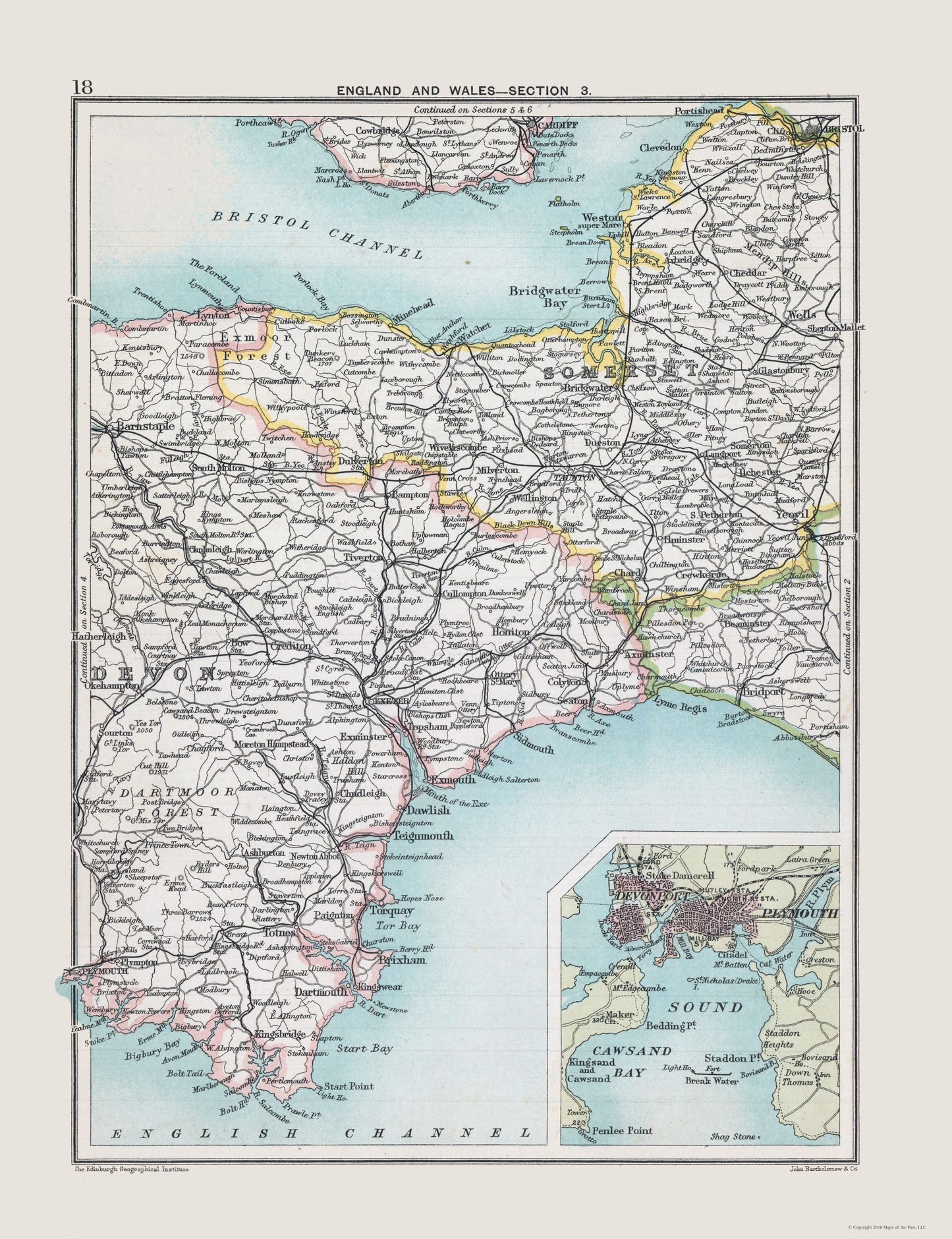 Historic Map - South West England - Bartholomew 1892 - 23 x 29.92 - Vintage Wall Art