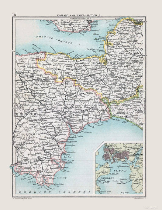 Historic Map - South West England - Bartholomew 1892 - 23 x 29.92 - Vintage Wall Art