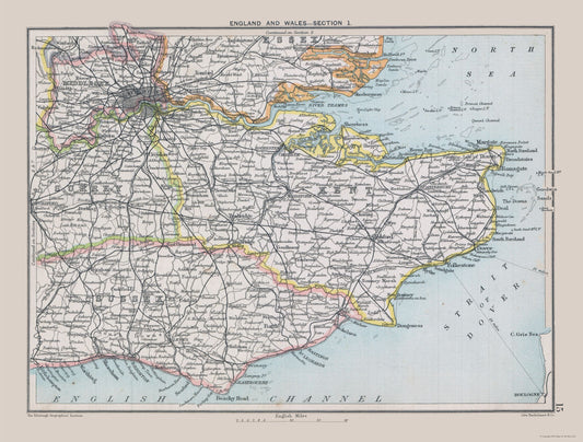 Historic Map - Southeastern England - Bartholomew 1892 - 30.31 x 23 - Vintage Wall Art