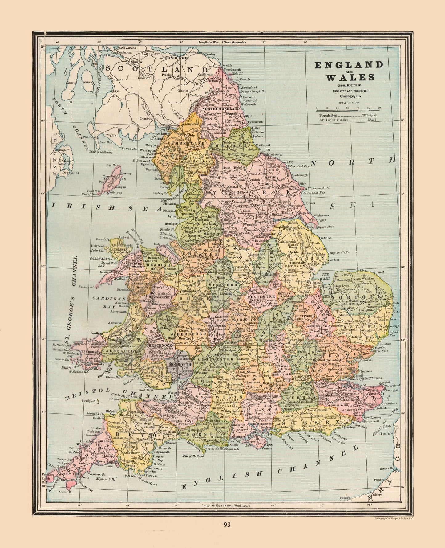 Historic Map - England Wales - Cram 1888 - 23 x 28.32 - Vintage Wall Art