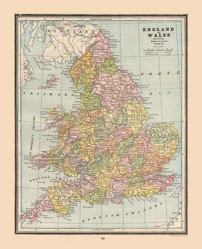 Historic Map - England Wales - Cram 1888 - 23 x 28.32 - Vintage Wall Art