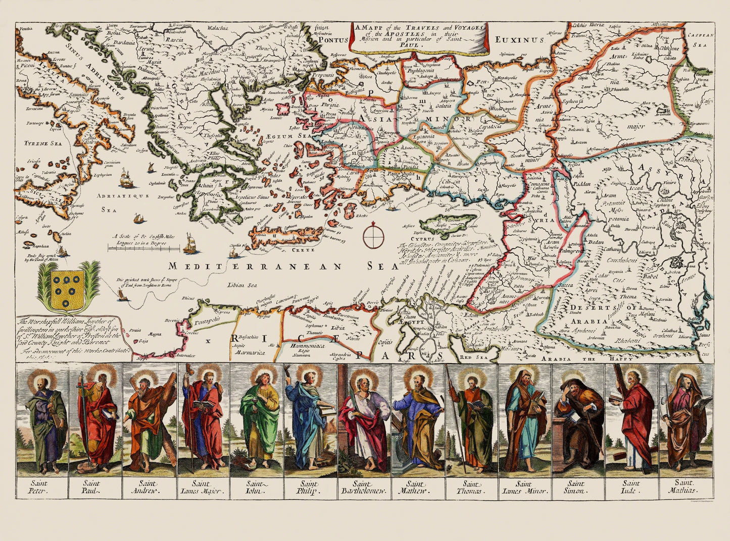 Historic Map - Mediterranean Apostles Travels Voyages - Loivther 1680 - 31 x 23 - Vintage Wall Art