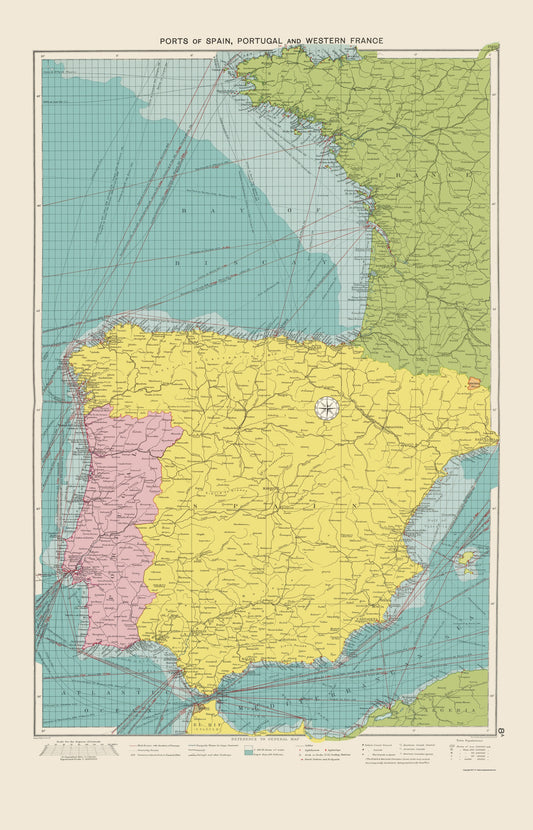 Historic Map - France Spain Portugal Western Ports - Hammond 1922 - 23 x 35 - Vintage Wall Art