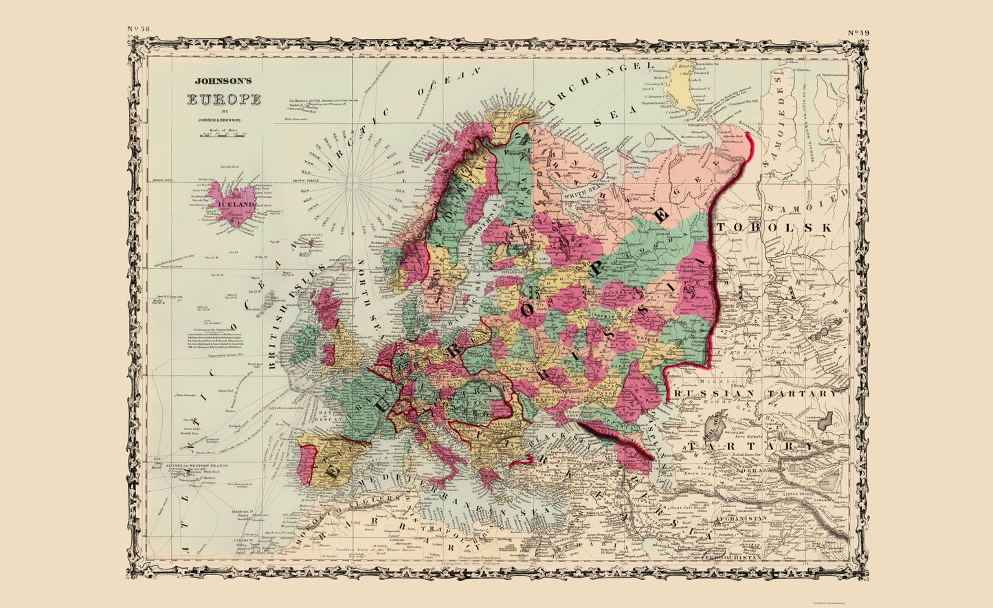 Historic Map - Europe - Johnson 1860 - 23 x 37.57 - Vintage Wall Art