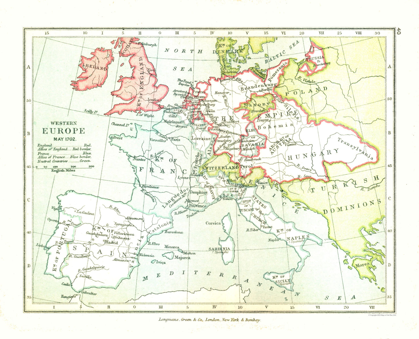 Historic Map - Europe Western 1702 - Gardiner 1902 - 28.37 x 23 - Vintage Wall Art