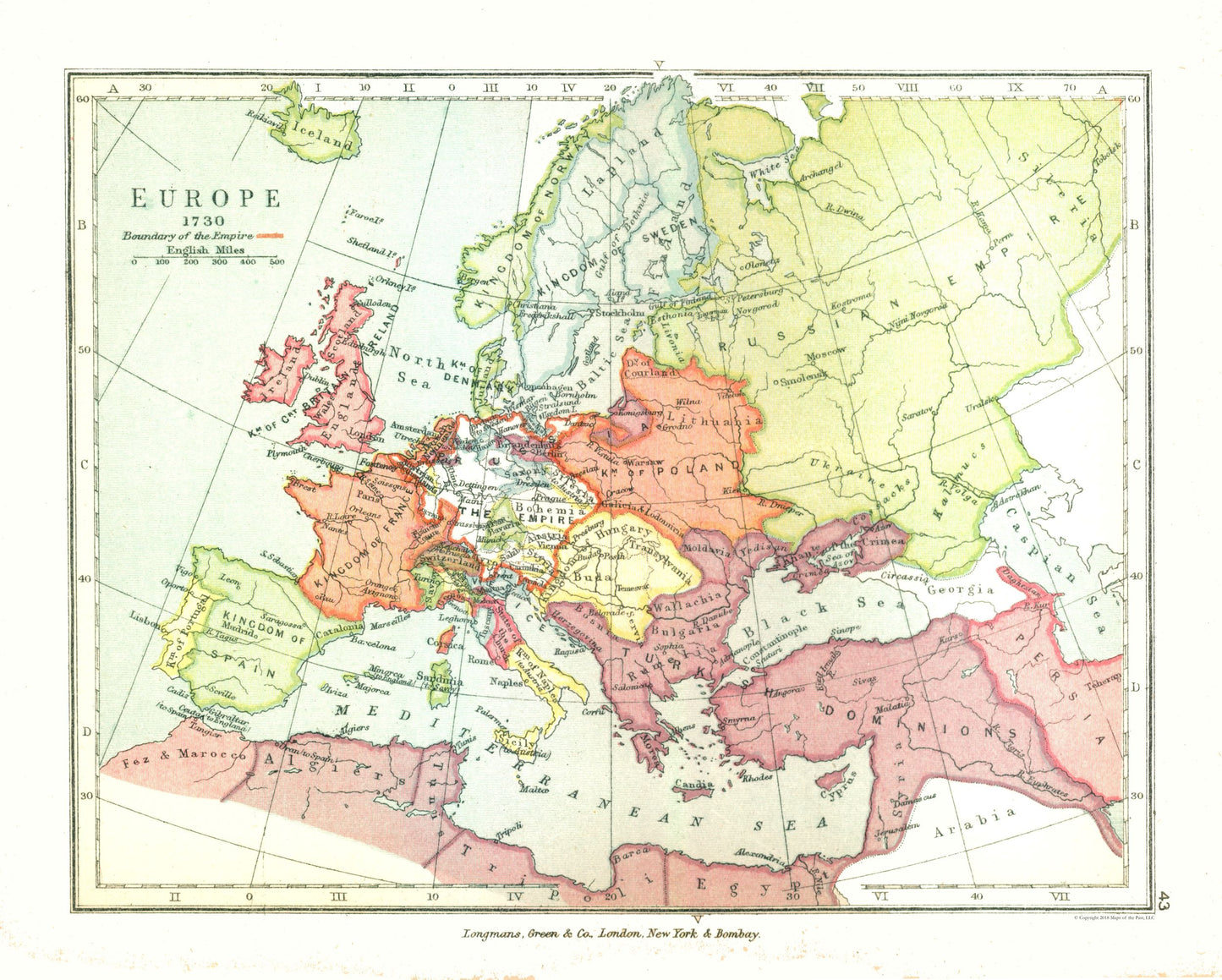 Historic Map - Europe 1730 - Gardiner 1902 - 28.68 x 23 - Vintage Wall Art