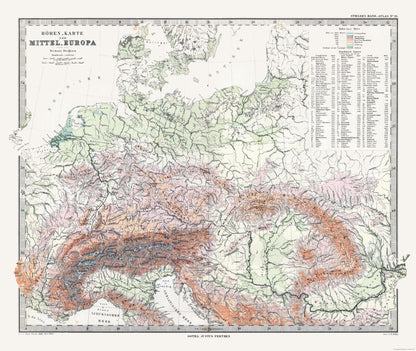 Historic Map - Central Europe Elevations- Stieler 1885 - 27.27 x 23 - Vintage Wall Art
