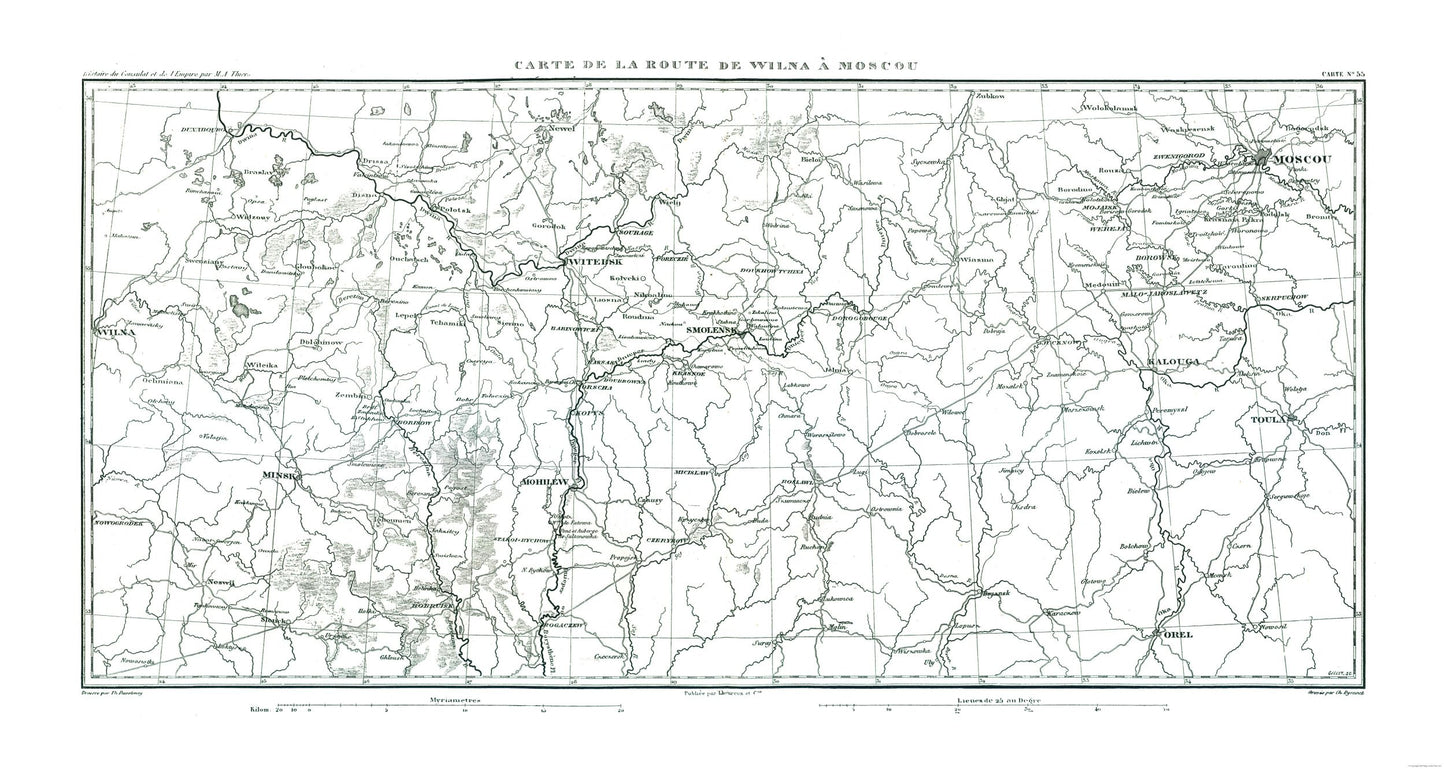 Historic War Map - Vilnius Moscow Route - Thiers 1866 - 43.22 x 23 - Vintage Wall Art