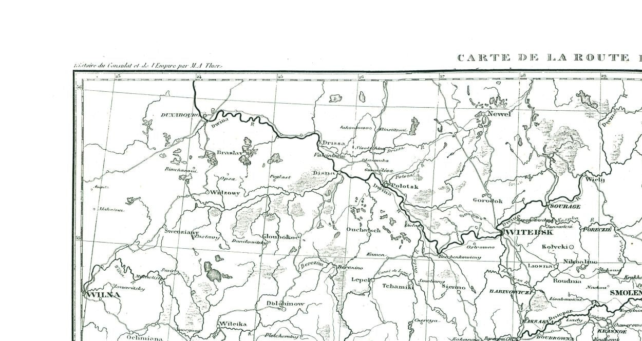Historic War Map - Vilnius Moscow Route - Thiers 1866 - 43.22 x 23 - Vintage Wall Art