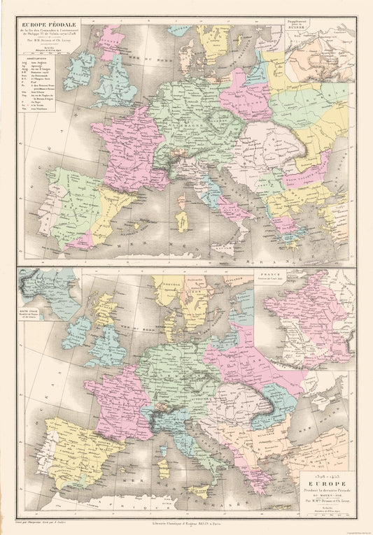 Historic Map - Feudal Europe 1270 1453 - Drioux 1882 - Vintage Wall Art