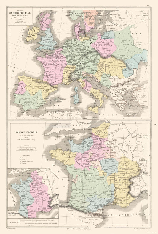 Historic Map - Feudal Europe 888 1095 Before Crusades - Drioux 1882