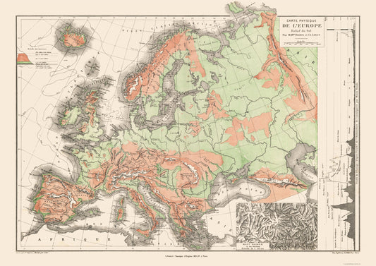 Historic Map - Europe Physical Terrain Floor - Drioux 1882 - Vintage Wall Art