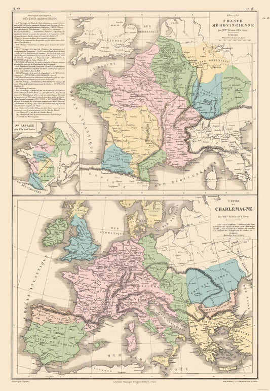 Historic Map - Europe Carolingian Empire Merovingian Dynasty - Drioux 1882