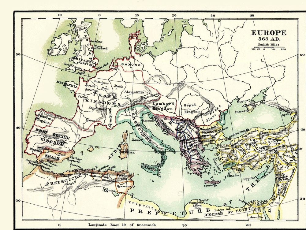 Historic Map - Europe 565 AD 720 AD - Poole 1902 - 30.58 x 23 - Vintage Wall Art