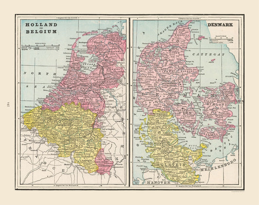 Historic Map - Holland Belgium Denmark - Cram 1892 - 29.16 x 23 - Vintage Wall Art