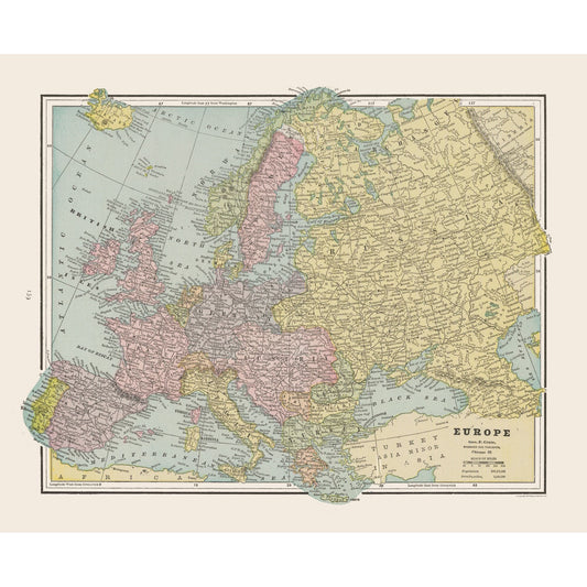 Historic Map - Europe - Cram 1892 - 28.20 x 23 - Vintage Wall Art