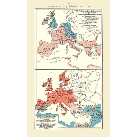 Historic Map - Europe Christianity 814 BC 1100 AD - Putzgers 1897 - 23 x 38.04 - Vintage Wall Art
