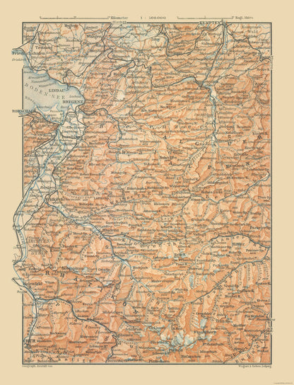 Historic Map - Germany Liechtenstein Allgau Alps - Baedeker 1910 - 23 x 30.07 - Vintage Wall Art