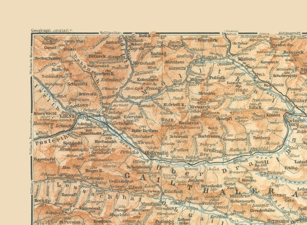 Historic Map - Austria Italy Gailthaler Alpen Region - Baedeker 1910 - 31.29 x 23 - Vintage Wall Art