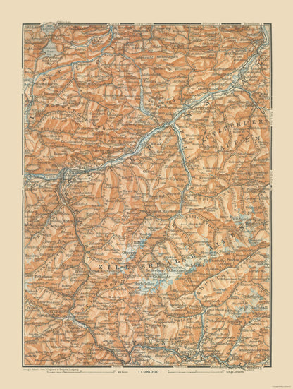 Historic Map - Austria Italy Zill Ertaler Alpen Region - Baedeker 1910 - 23 x 30.44 - Vintage Wall Art