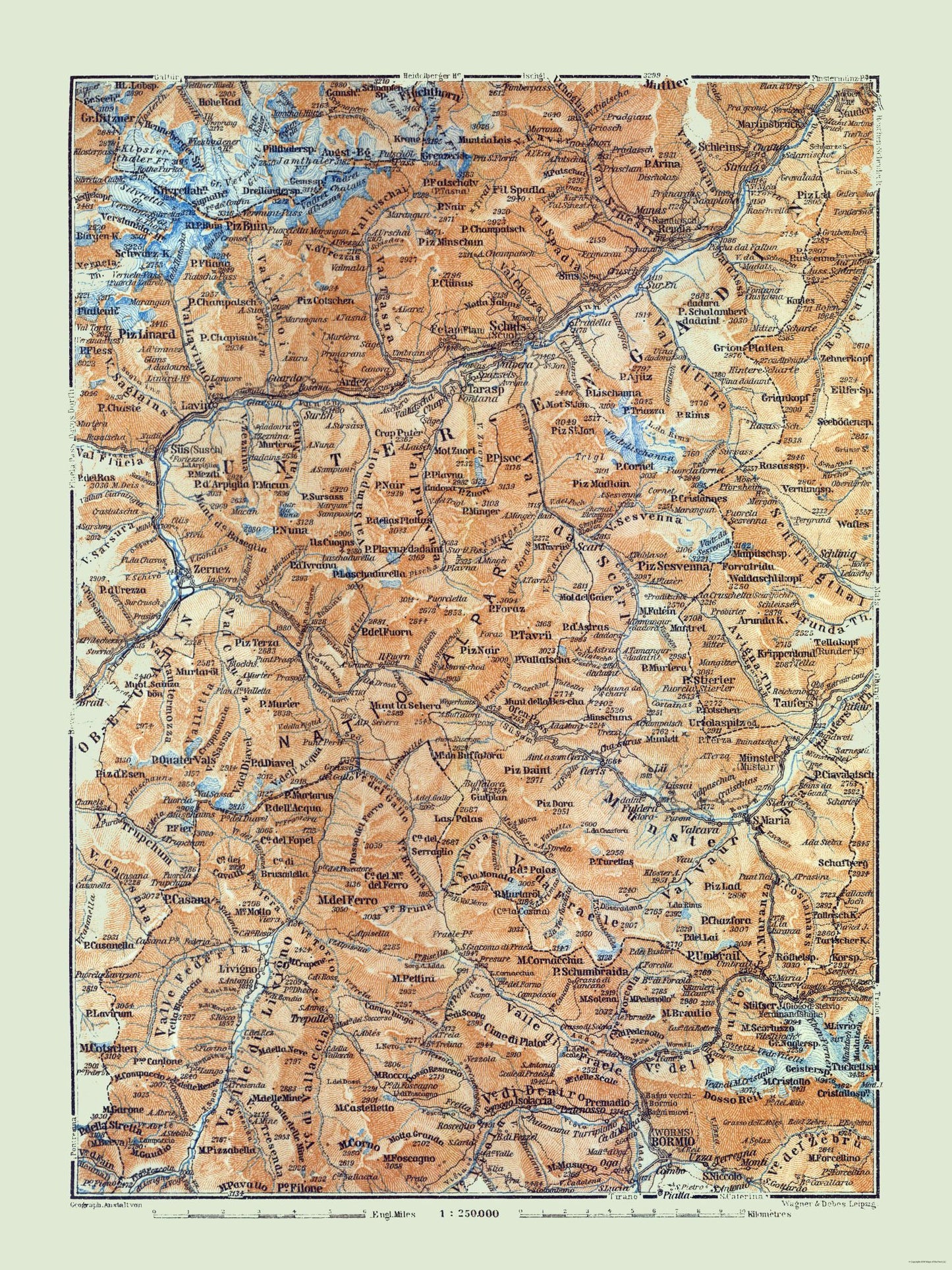 Historic Map - Unter Engadin Switzerland Italy - Baedeker 1921 - 23 x 30.66 - Vintage Wall Art