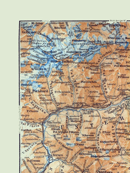 Historic Map - Unter Engadin Switzerland Italy - Baedeker 1921 - 23 x 30.66 - Vintage Wall Art