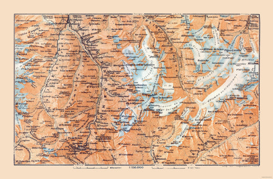 Historic Map - Val d' Entremont Switzerland Italy - Baedeker 1921 - 35.04 x 23 - Vintage Wall Art