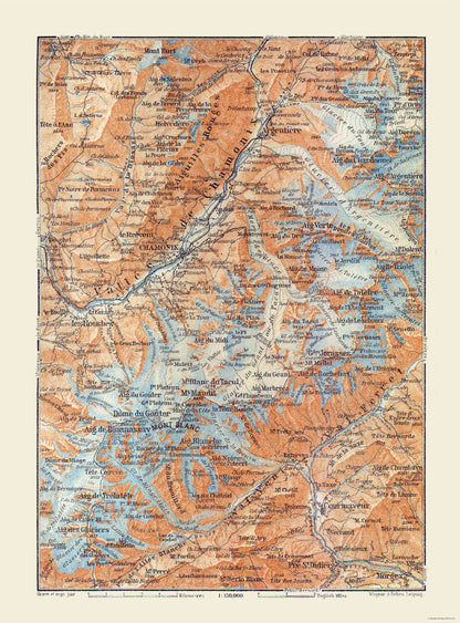 Historic Map - Vallee de Chamonix France Italy - Baedeker 1921 - 23 x 31.12 - Vintage Wall Art