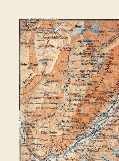 Historic Map - Vallee de Chamonix France Italy - Baedeker 1921 - 23 x 31.12 - Vintage Wall Art