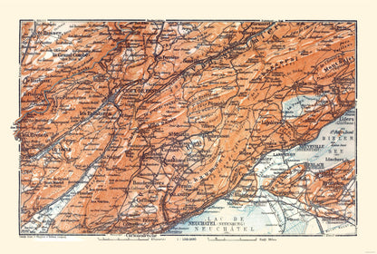 Historic Map - Val de Ruz France Switzerland - Baedeker 1921 - 34.22 x 23 - Vintage Wall Art