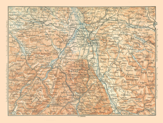 Historic Map - Austria Germany Mountains - Baedeker 1896 - 30.43 x 23 - Vintage Wall Art