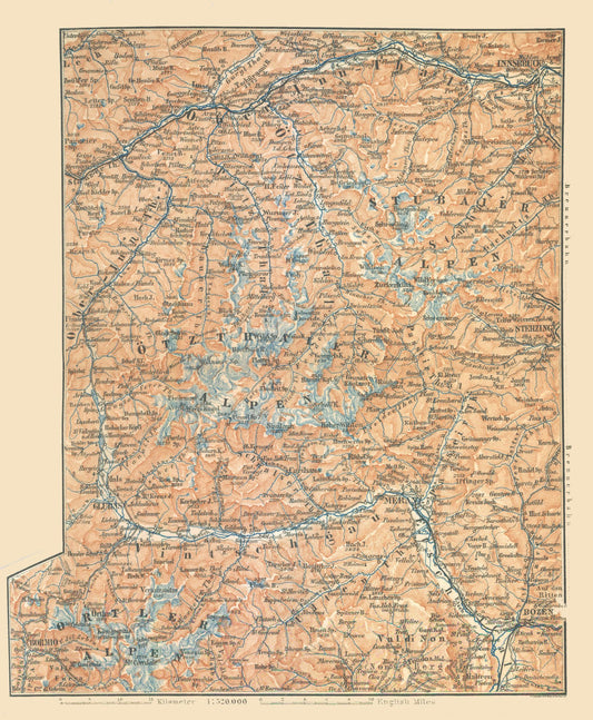 Historic Map - Austria Italy Mountains - Baedeker 1896 - 23 x 27.91 - Vintage Wall Art