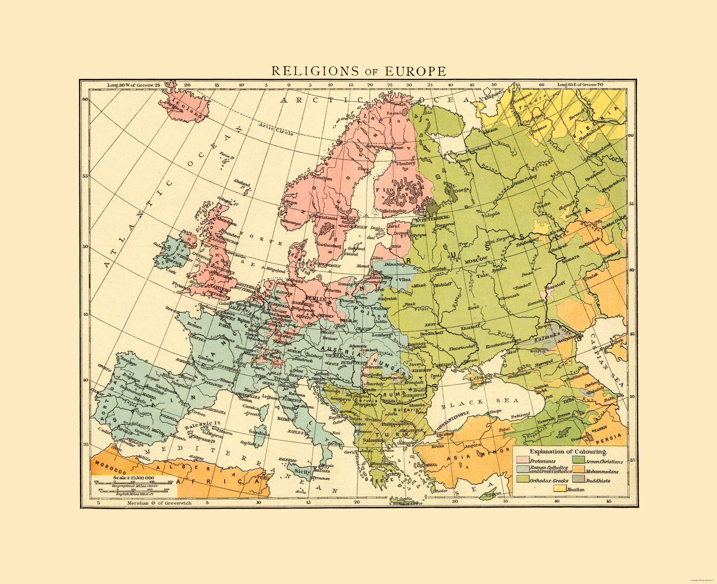 Historic Map - Europe Religions - Cassell 1893 - 28.27 x 23 - Vintage Wall Art