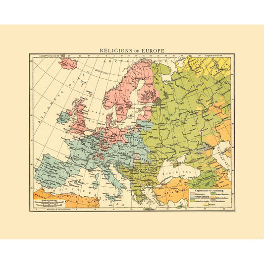 Historic Map - Europe Religions - Cassell 1893 - 28.27 x 23 - Vintage Wall Art
