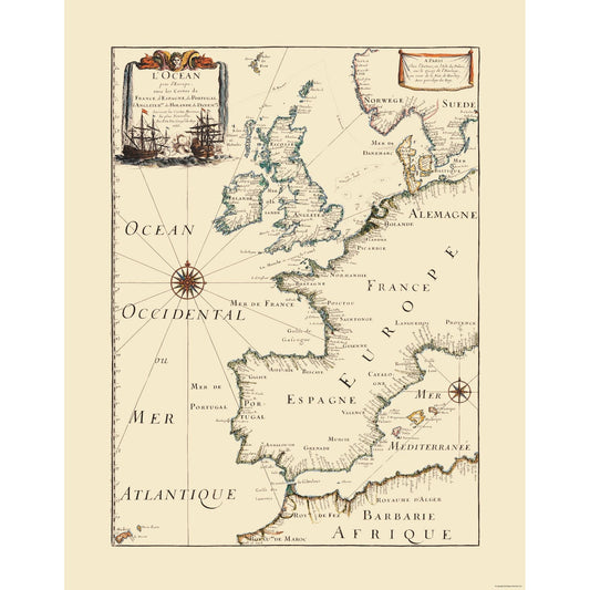 Historic Nautical Map - Atlantic Ocean Europe - Roy 1666 - Vintage Wall Art